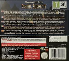 Box back cover for Mystery Case Files - Prime Suspects on the Nintendo DS.