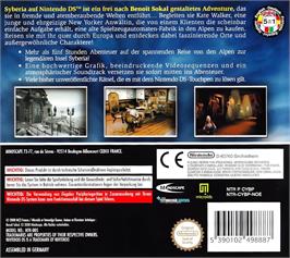 Box back cover for Syberia on the Nintendo DS.
