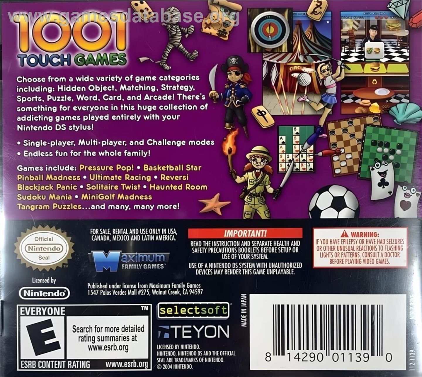 1001 Touch Games - Nintendo DS - Artwork - Box Back