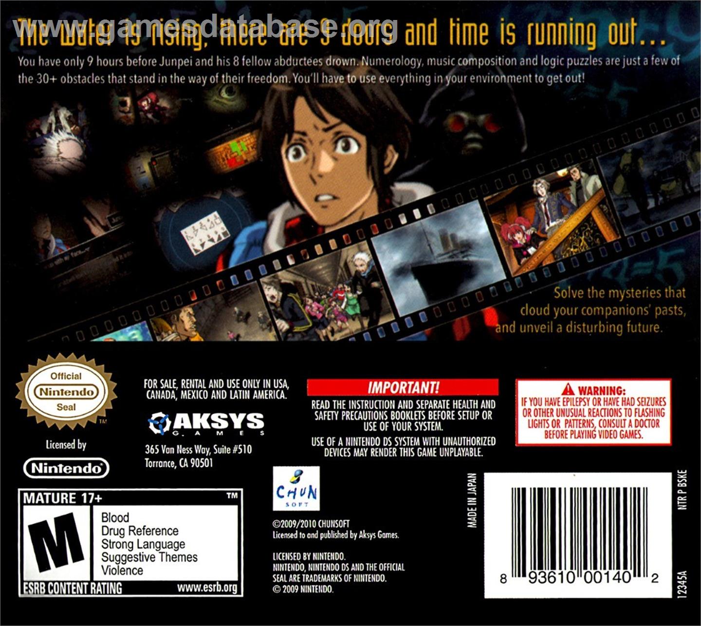 999 - Nine Hours Nine Persons Nine Doors - Nintendo DS - Artwork - Box Back