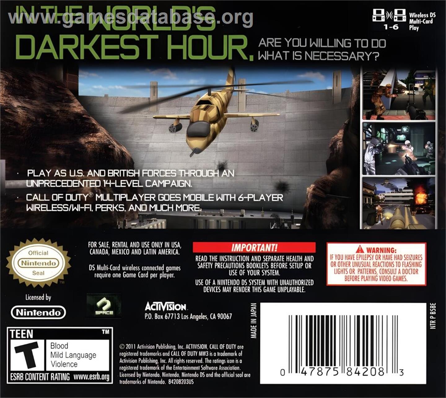 Call Of Duty - Modern Warfare 3 - Defiance - Nintendo DS - Artwork - Box Back