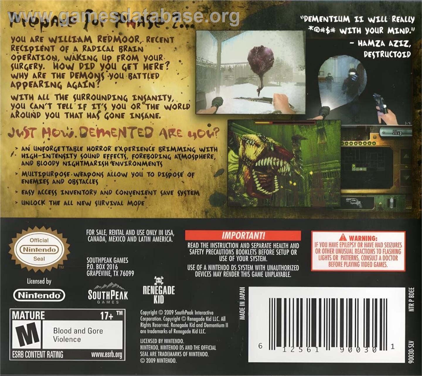 Dementium 2 - Nintendo DS - Artwork - Box Back