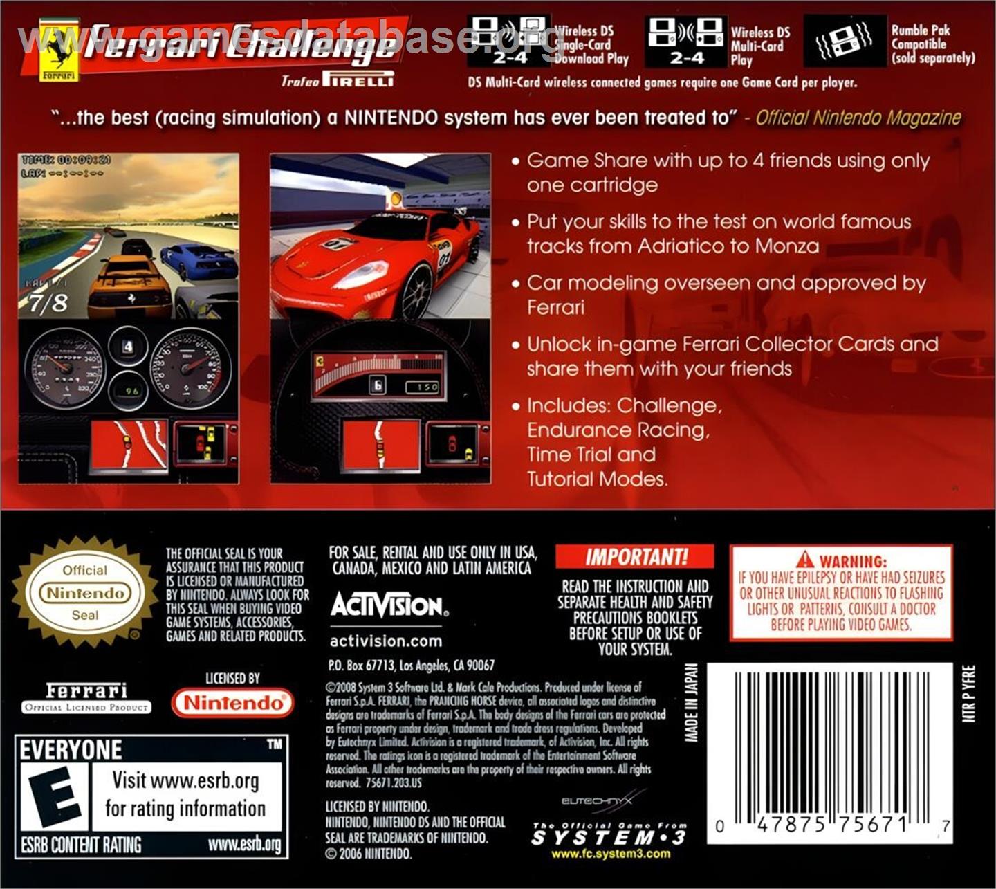 Ferrari Challenge - Trofeo Pirelli - Nintendo DS - Artwork - Box Back