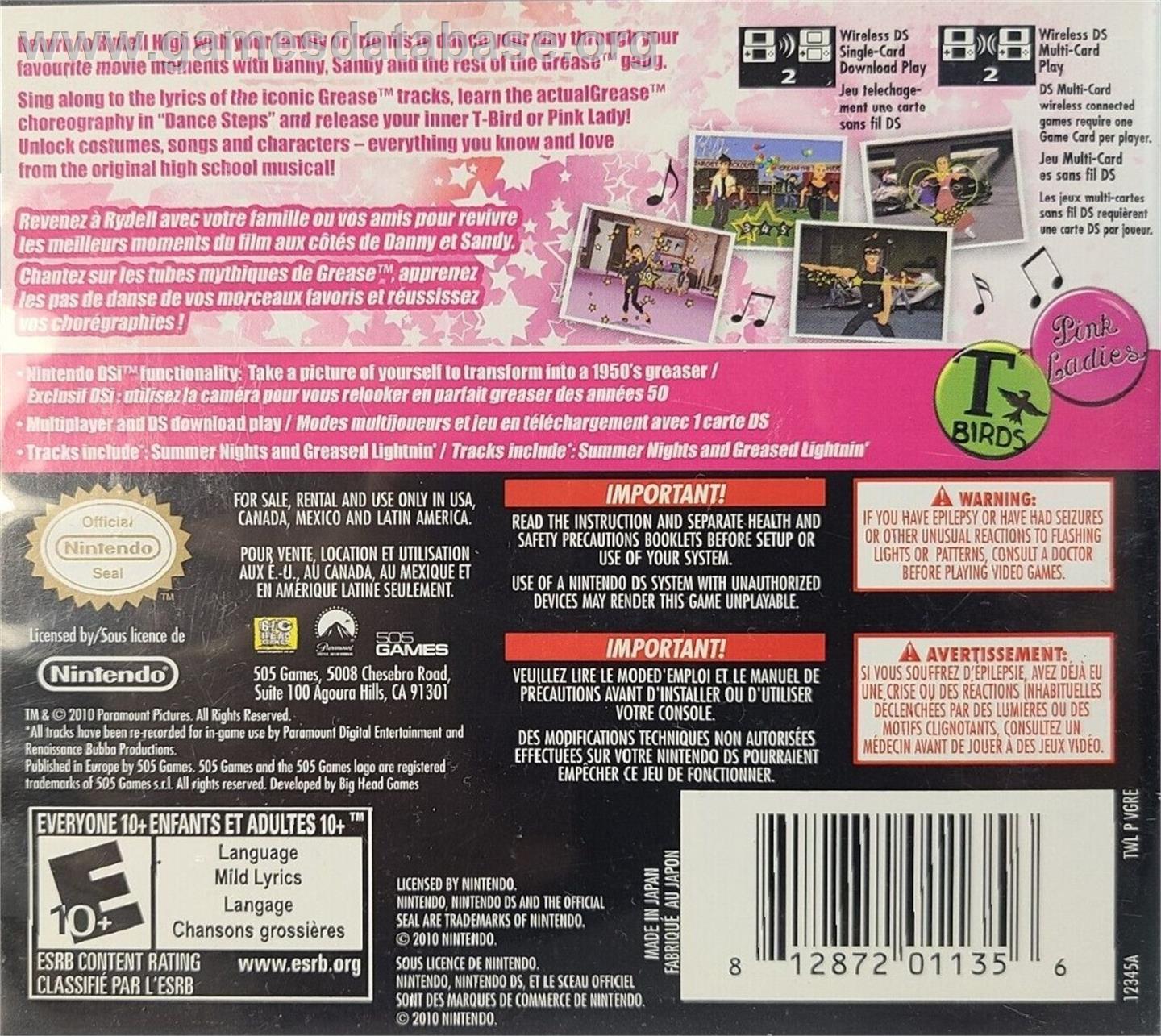 Grease - Le Jeu Vidéo Officiel - Nintendo DS - Artwork - Box Back