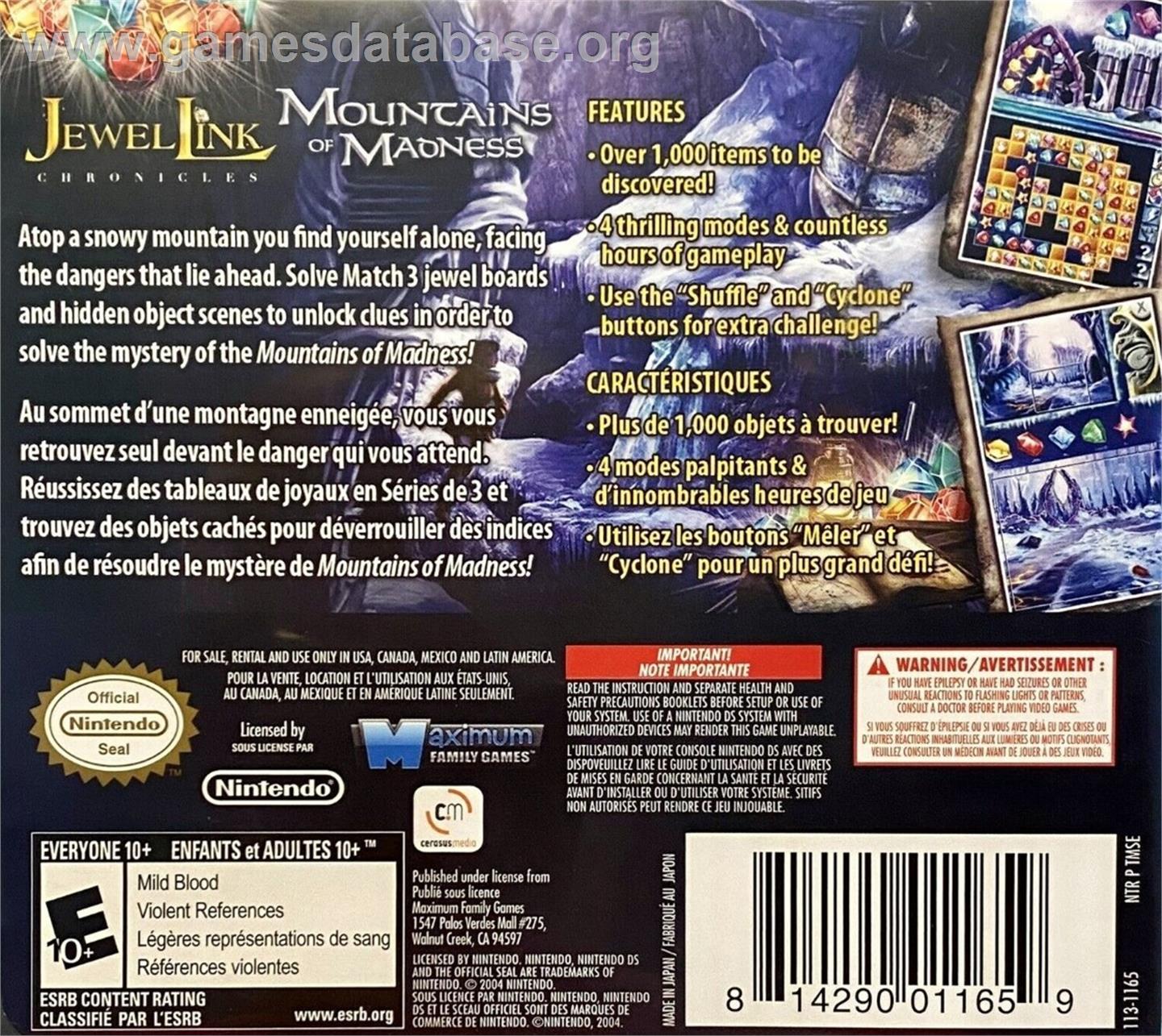 Jewel Link Mysteries - Mountains Of Madness - Nintendo DS - Artwork - Box Back