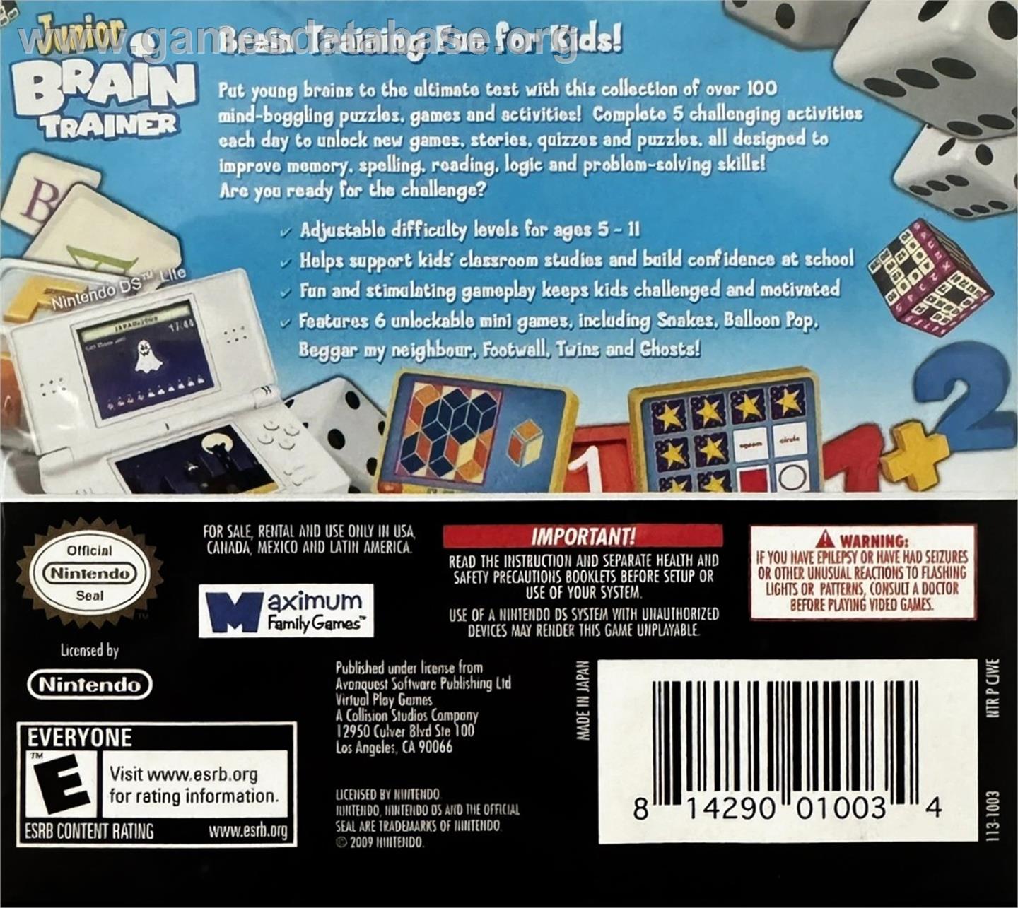 Junior Brain Trainer - Nintendo DS - Artwork - Box Back