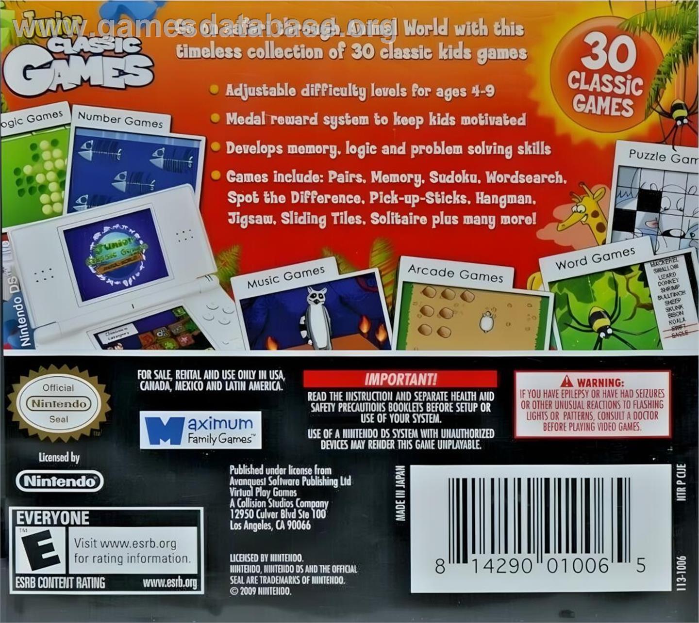 Junior Classic Games - Nintendo DS - Artwork - Box Back