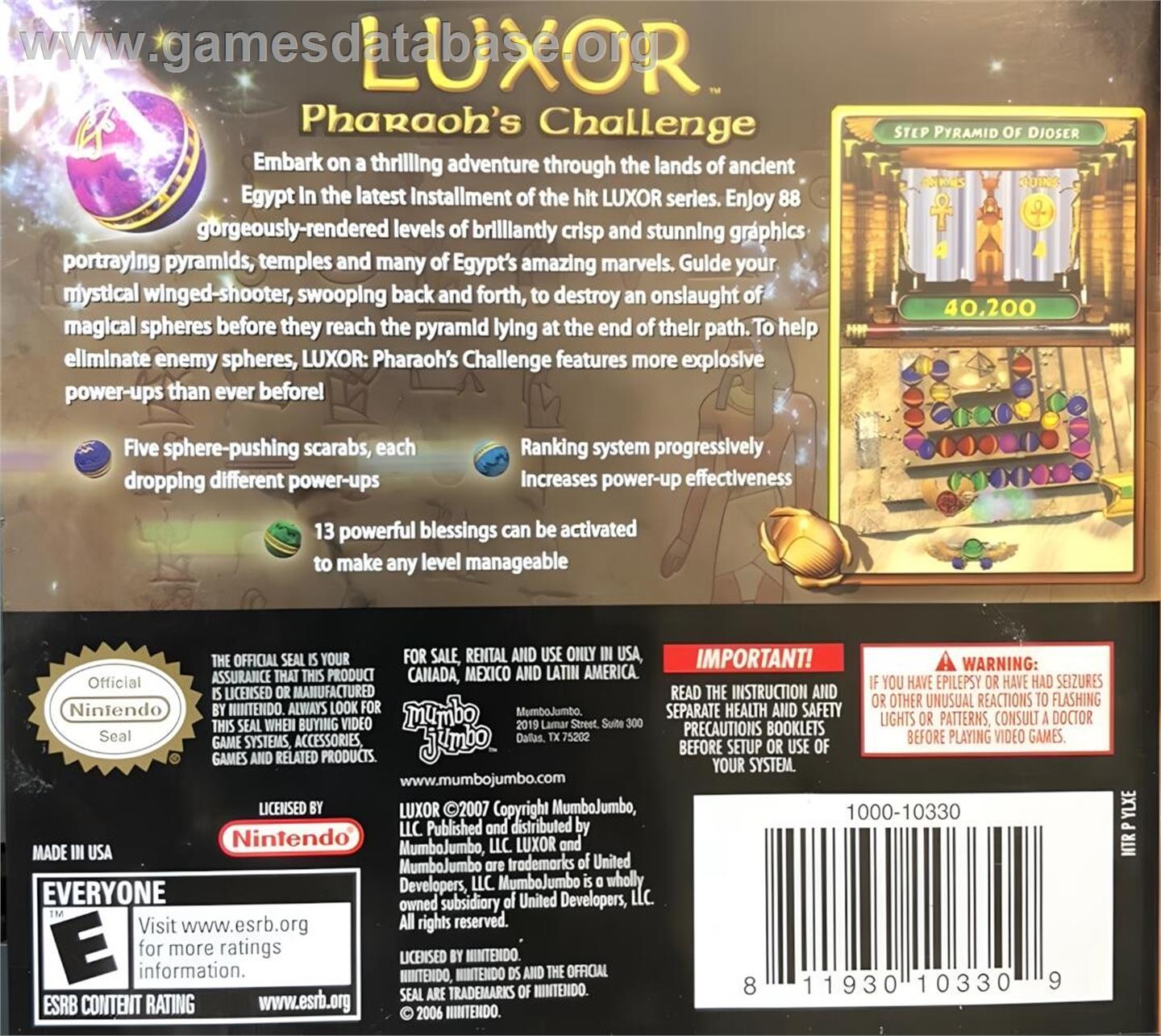 Luxor Pharaoh's Challenge - Nintendo DS - Artwork - Box Back