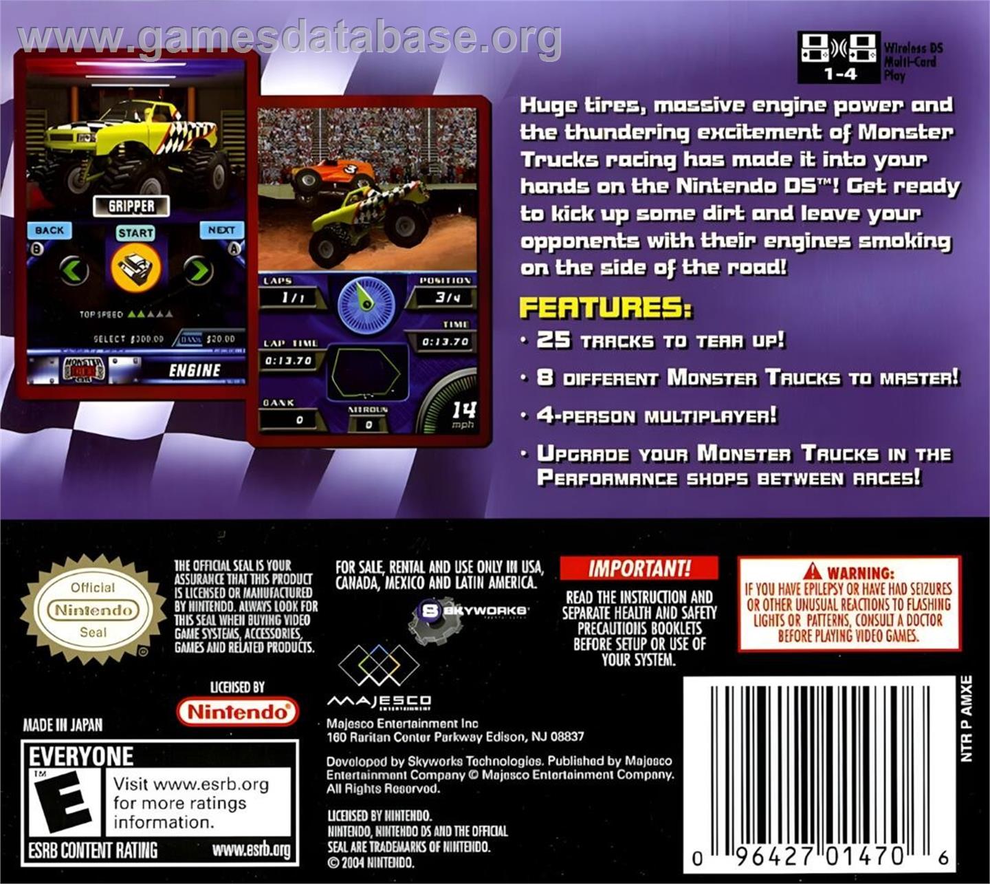 Monster Trucks Ds - Nintendo DS - Artwork - Box Back