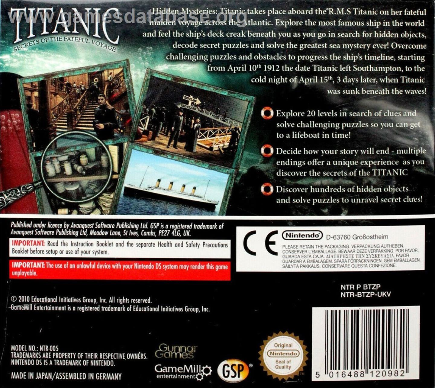 Murder On The Titanic - Nintendo DS - Artwork - Box Back