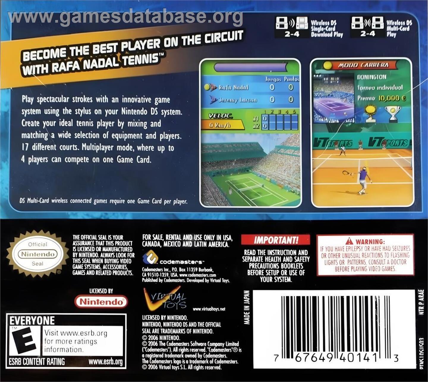 Rafa Nadal Tennis - Nintendo DS - Artwork - Box Back
