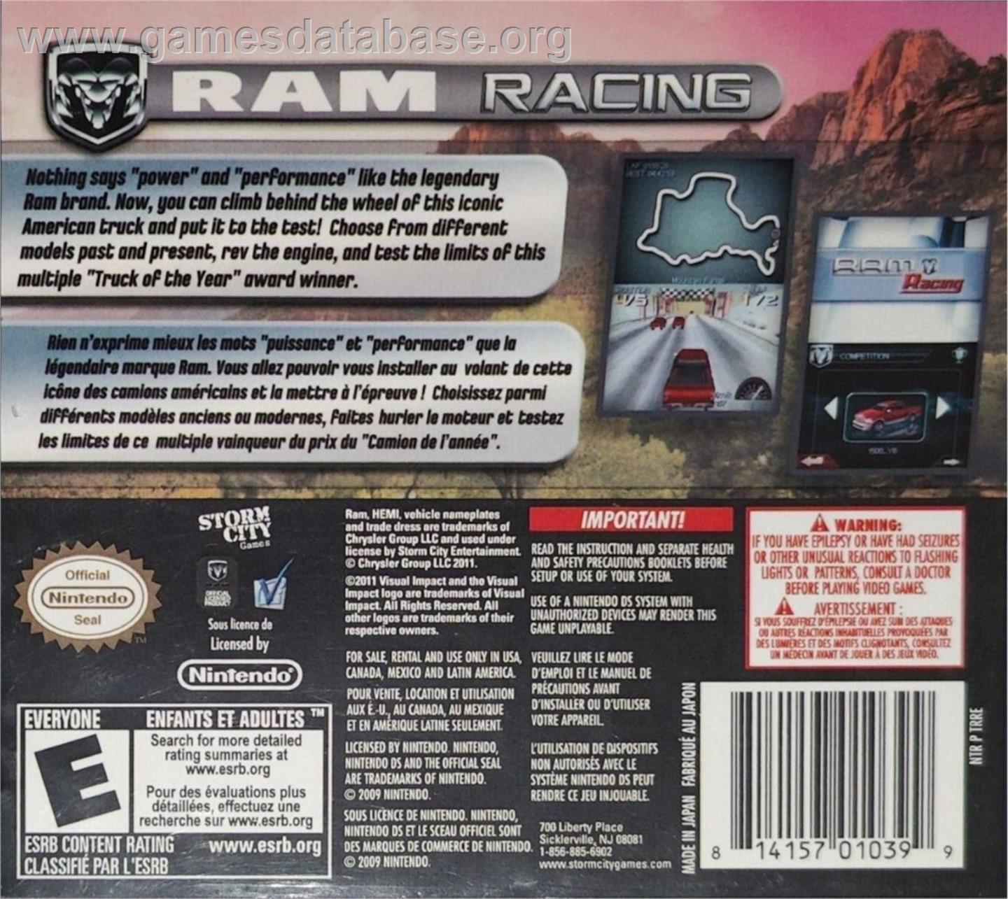 Ram Racing - Nintendo DS - Artwork - Box Back