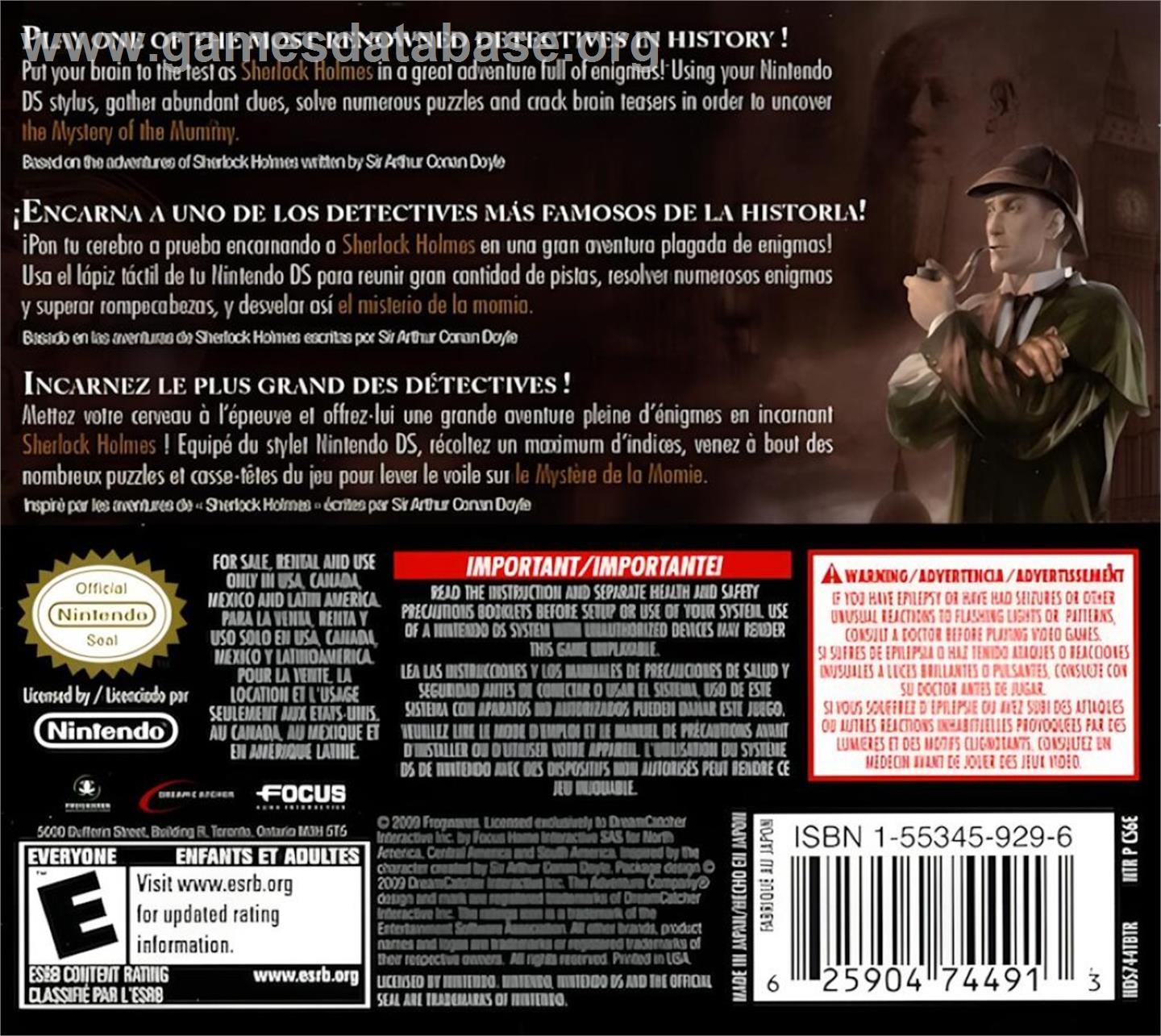 Sherlock Holmes Ds - Le Mystère De La Momie - Nintendo DS - Artwork - Box Back