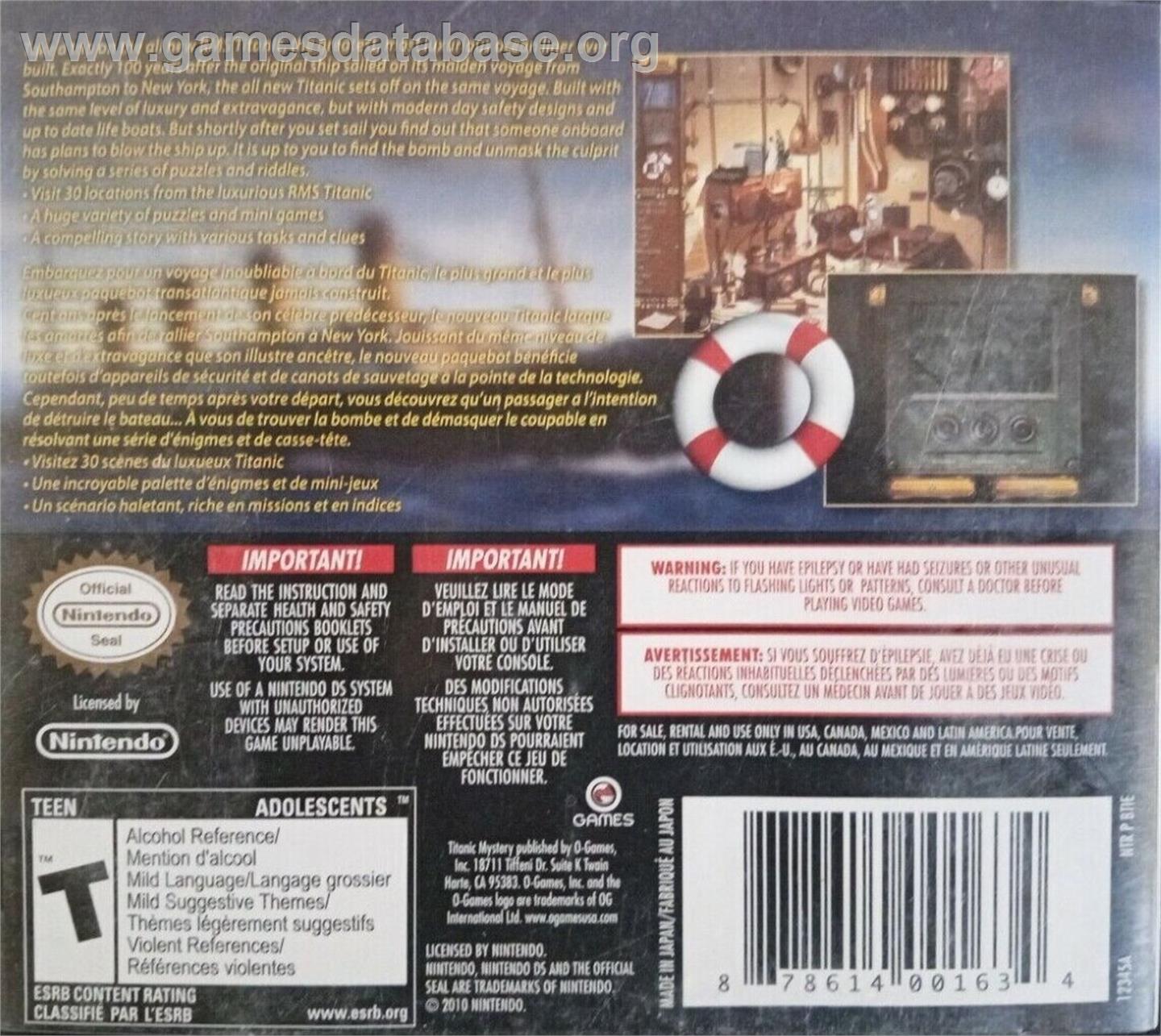 Titanic Mystery - Nintendo DS - Artwork - Box Back