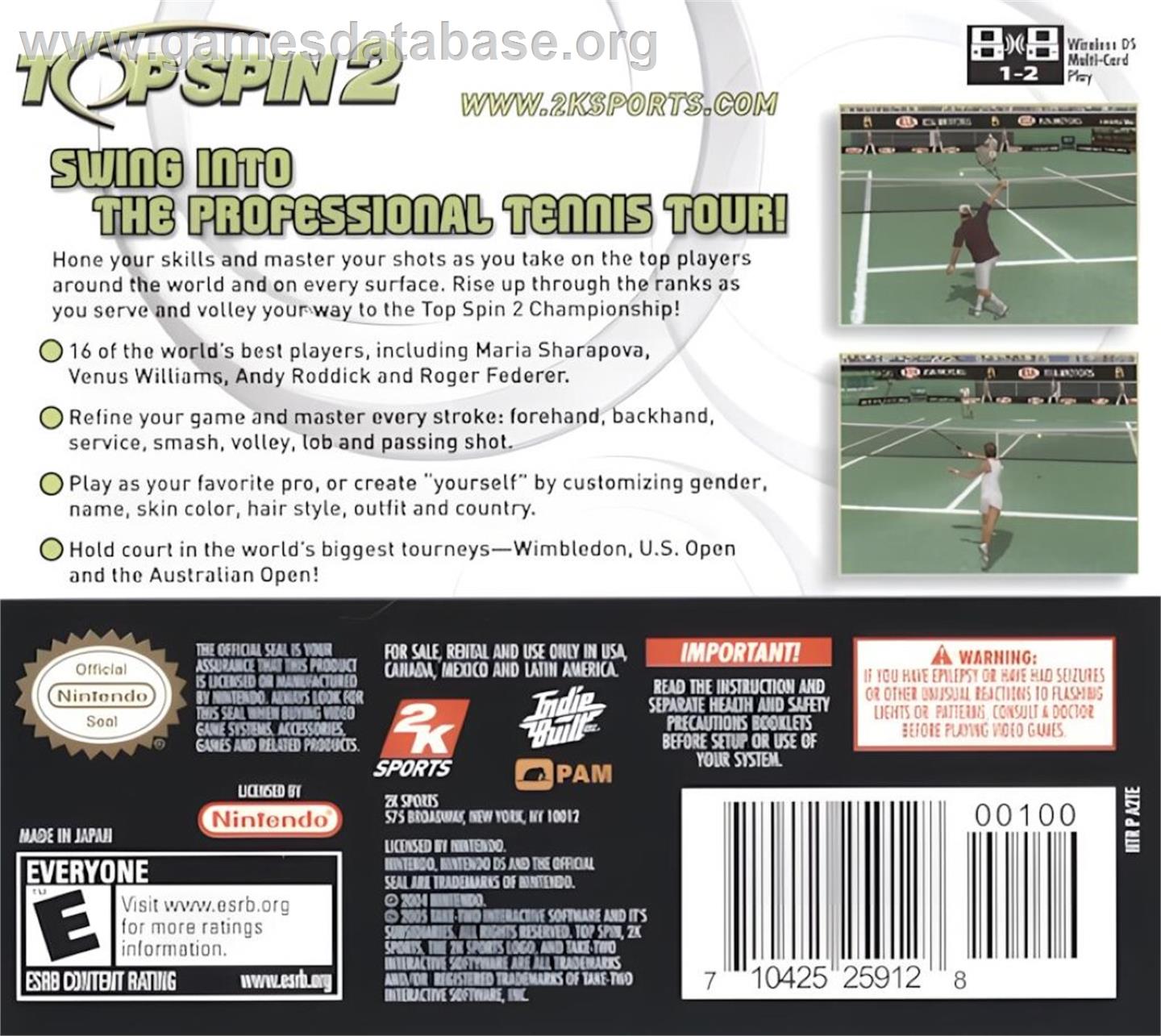 Top Spin 2 - Nintendo DS - Artwork - Box Back