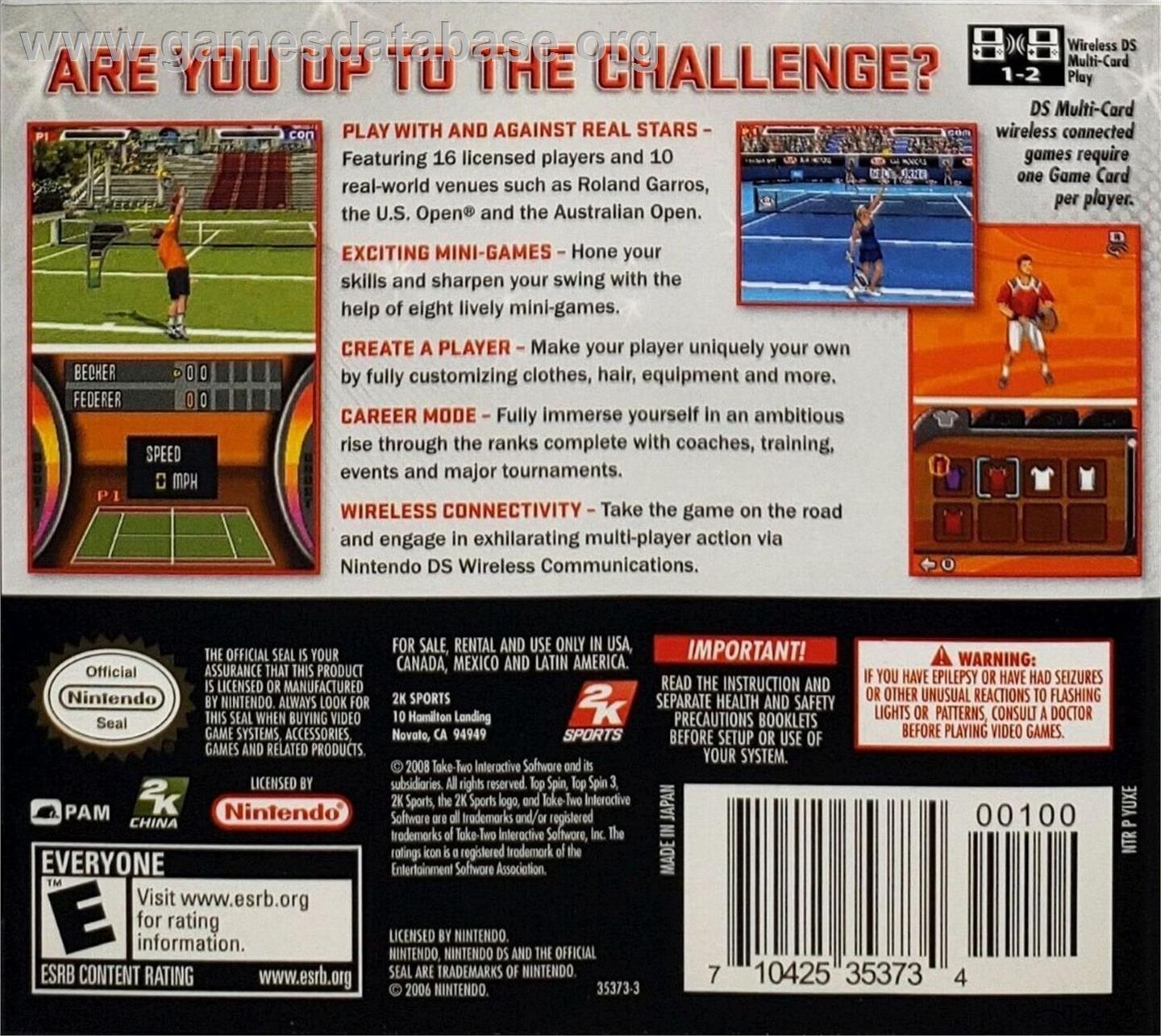 Top Spin 3 - Nintendo DS - Artwork - Box Back