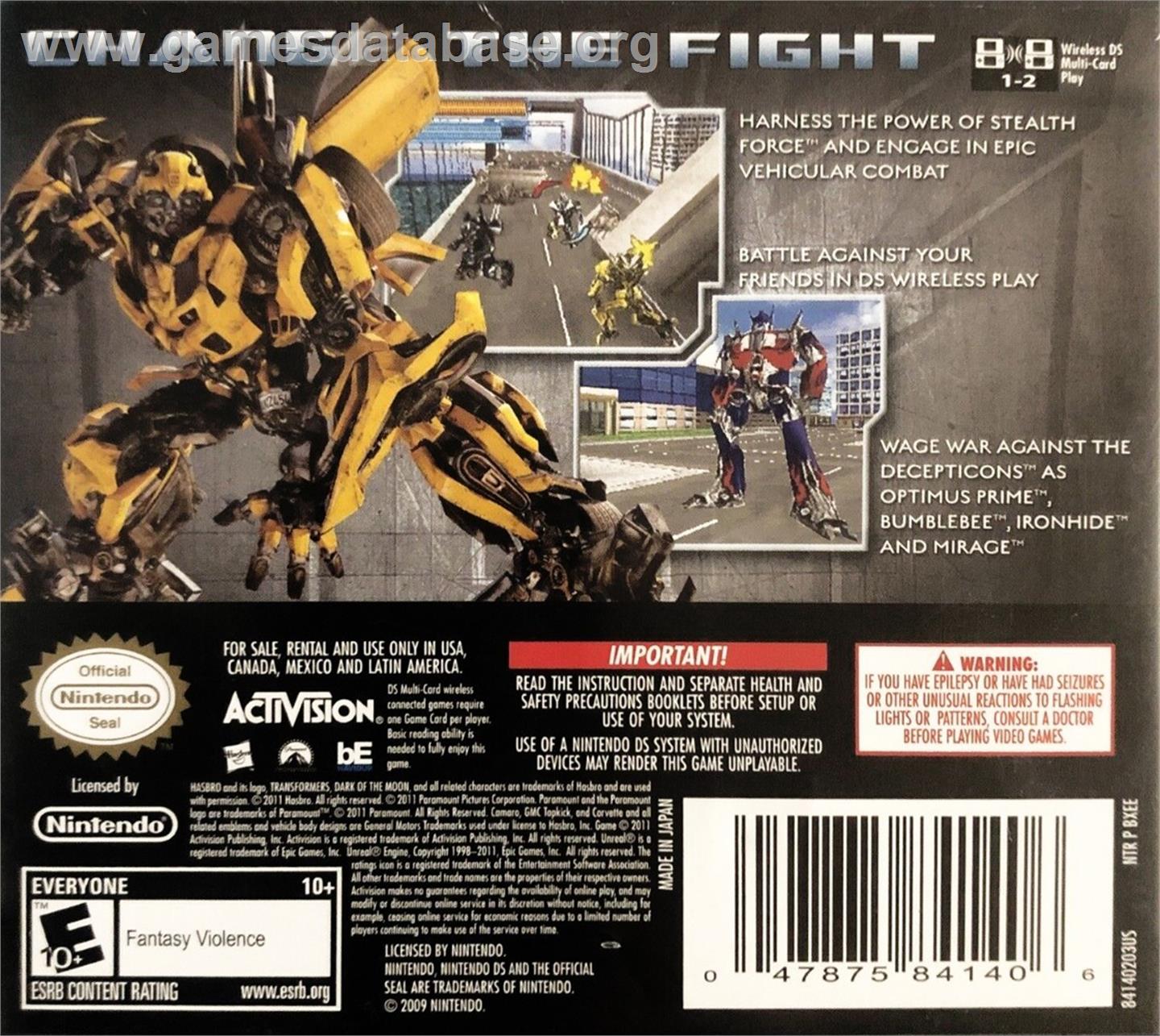 Transformers - Dark of the Moon - Autobots - Nintendo DS - Artwork - Box Back