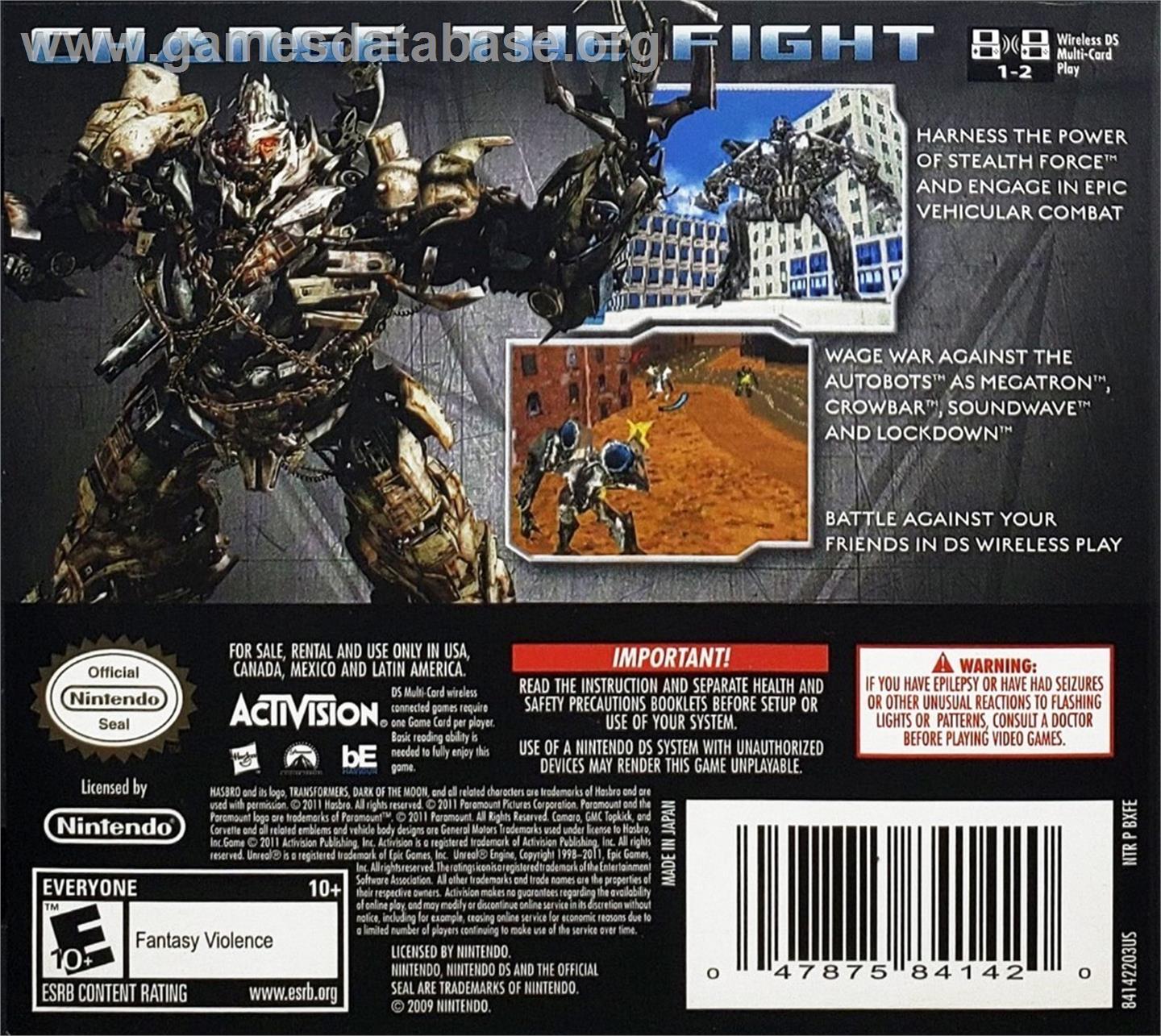 Transformers 3 - La Face Cachée De La Lune - Decepticons - Nintendo DS - Artwork - Box Back