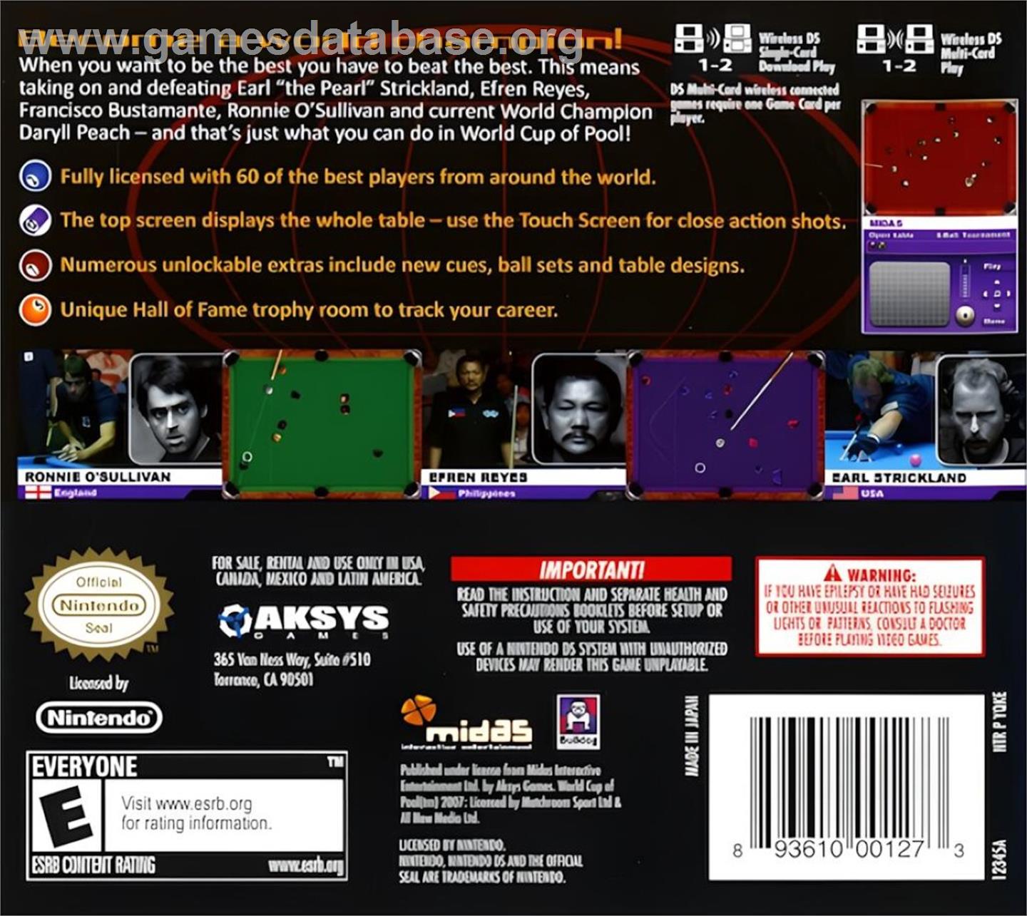 World Cup Of Pool - Nintendo DS - Artwork - Box Back