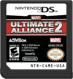 Cartridge artwork for Marvel Ultimate Alliance 2 on the Nintendo DS.