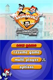Title screen of Animaniacs - Lights Camera Action ! on the Nintendo DS.