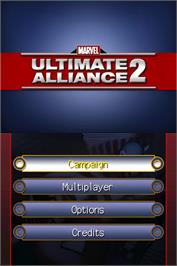 Title screen of Marvel Ultimate Alliance 2 on the Nintendo DS.