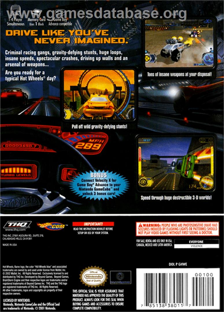 Hot Wheels: Velocity X - Nintendo GameCube - Artwork - Box Back