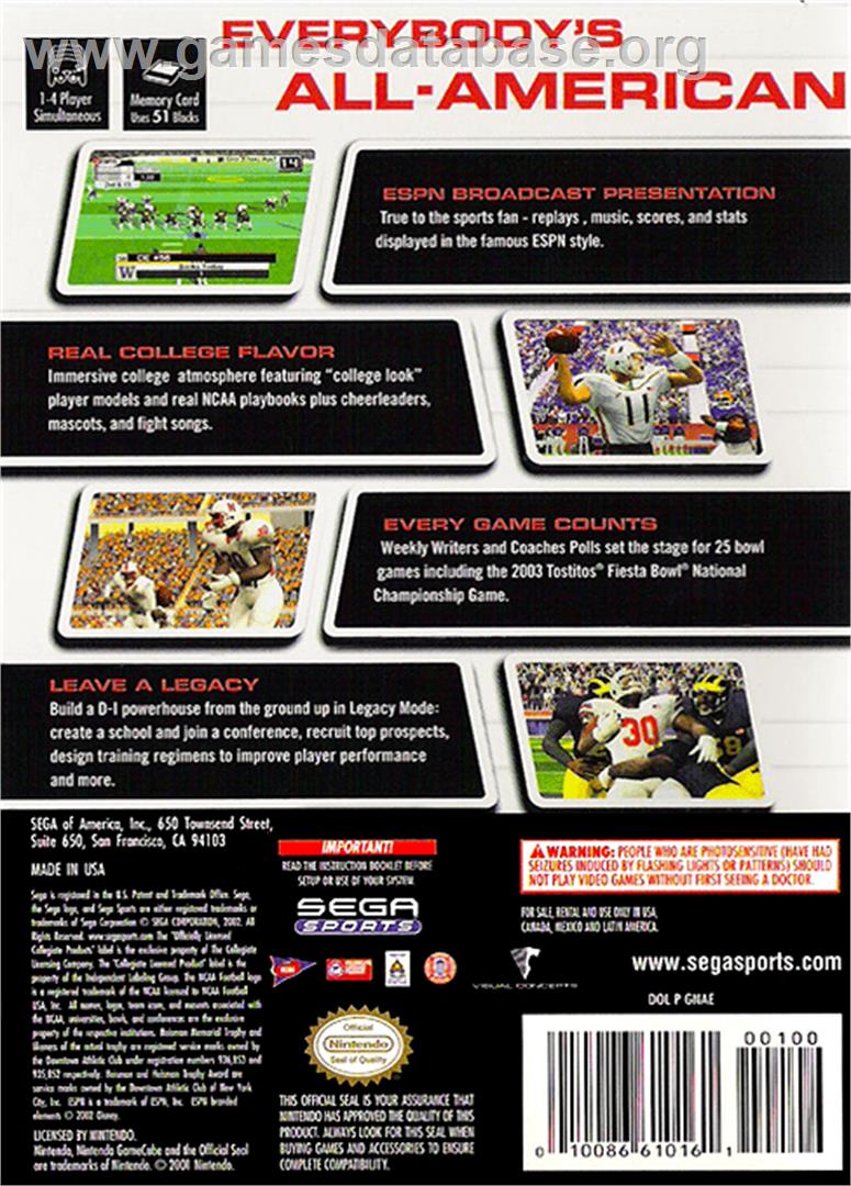 NCAA College Football 2K3 - Nintendo GameCube - Artwork - Box Back