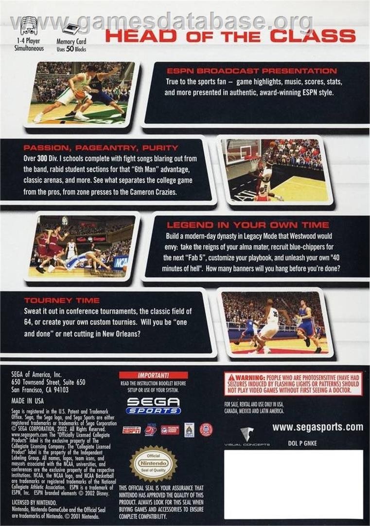 Ncaa College Basketball 2k3 - Nintendo GameCube - Artwork - Box Back