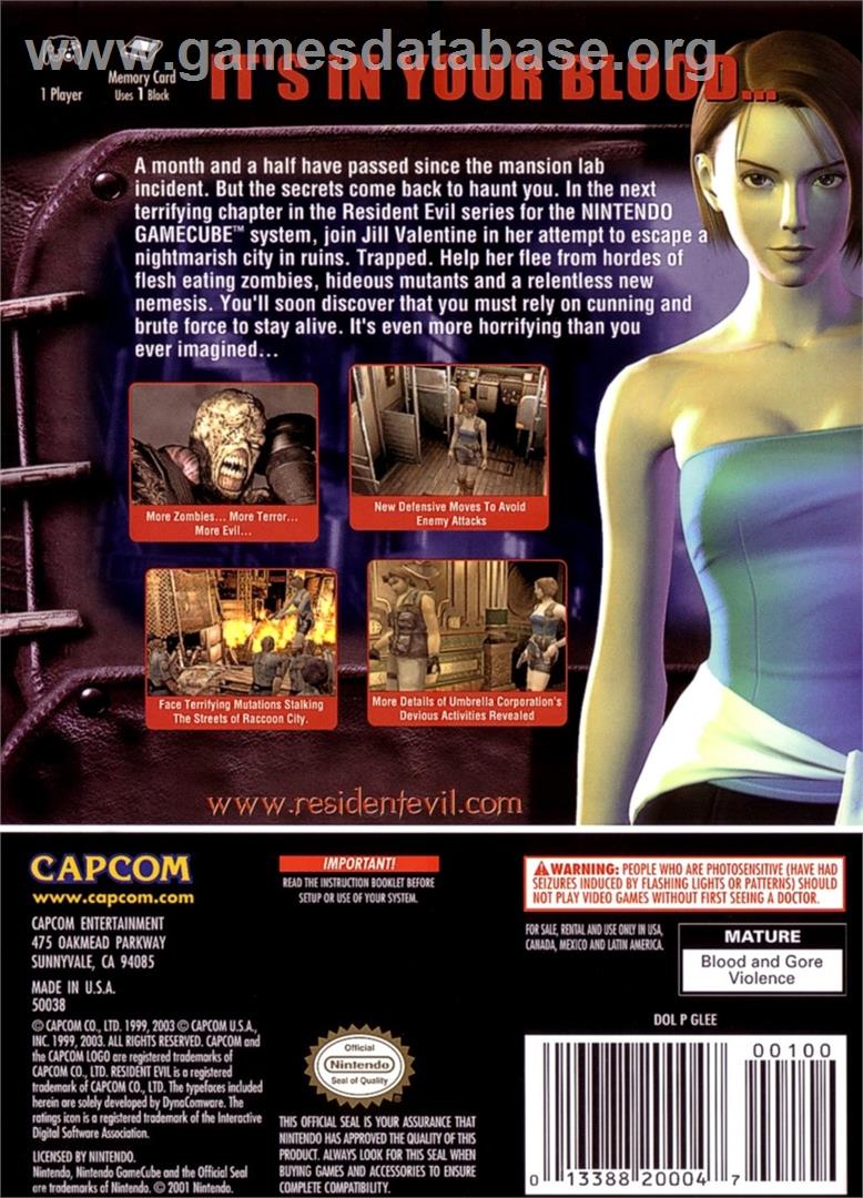 Resident Evil 3 - Nemesis - Nintendo GameCube - Artwork - Box Back