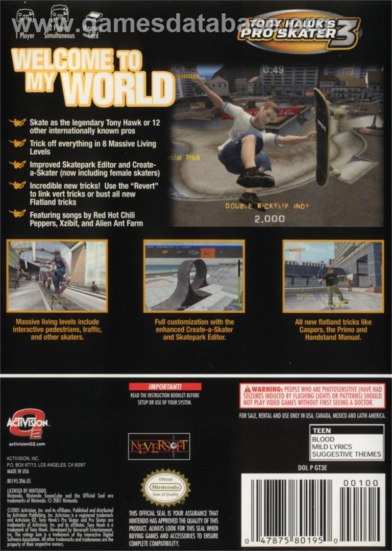 Tony Hawk's Pro Skater 3 - Nintendo GameCube - Artwork - Box Back