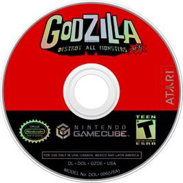 Cartridge artwork for Godzilla: Destroy All Monsters Melee on the Nintendo GameCube.