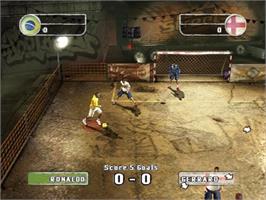 In game image of FIFA Street 2 on the Nintendo GameCube.