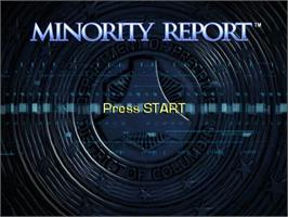Title screen of Minority Report: Everybody Runs on the Nintendo GameCube.