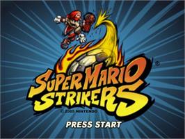 Title screen of Super Mario Strikers on the Nintendo GameCube.