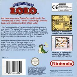 Box back cover for Adventures Of Lolo on the Nintendo Game Boy.