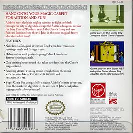 Box back cover for Aladdin on the Nintendo Game Boy.