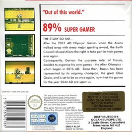 Box back cover for Alien Olympics on the Nintendo Game Boy.