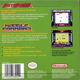 Box back cover for Arcade Classic No. 1 - Asteroids And Missile Command on the Nintendo Game Boy.