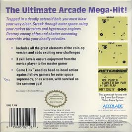 Box back cover for Asteroids on the Nintendo Game Boy.