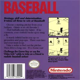 Box back cover for Baseball on the Nintendo Game Boy.