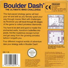 Box back cover for Boulder Dash on the Nintendo Game Boy.