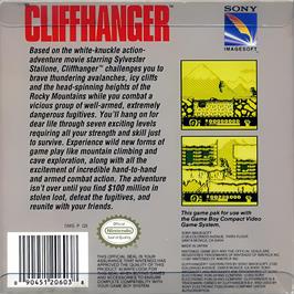Box back cover for Cliffhanger on the Nintendo Game Boy.