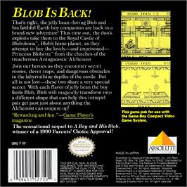 Box back cover for David Crane's The Rescue Of Princess Blobette on the Nintendo Game Boy.