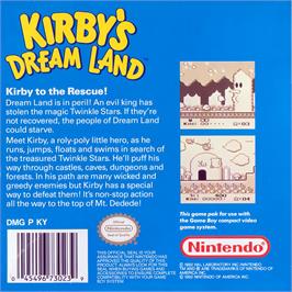 Box back cover for Kirby's Dream Land on the Nintendo Game Boy.