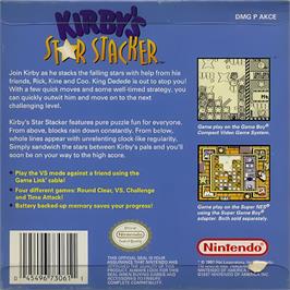 Box back cover for Kirby's Star Stacker on the Nintendo Game Boy.