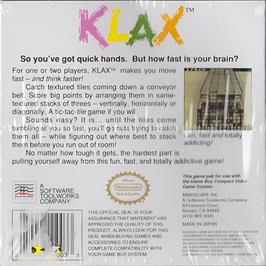 Box back cover for Klax on the Nintendo Game Boy.