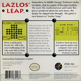 Box back cover for Lazlos' Leap on the Nintendo Game Boy.