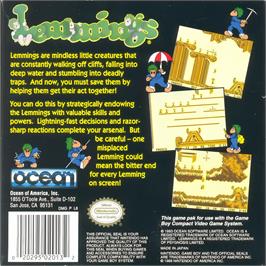 Box back cover for Lemmings on the Nintendo Game Boy.