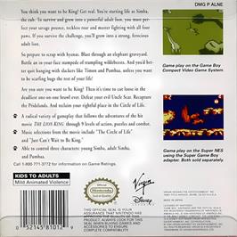 Box back cover for Lion King, The on the Nintendo Game Boy.